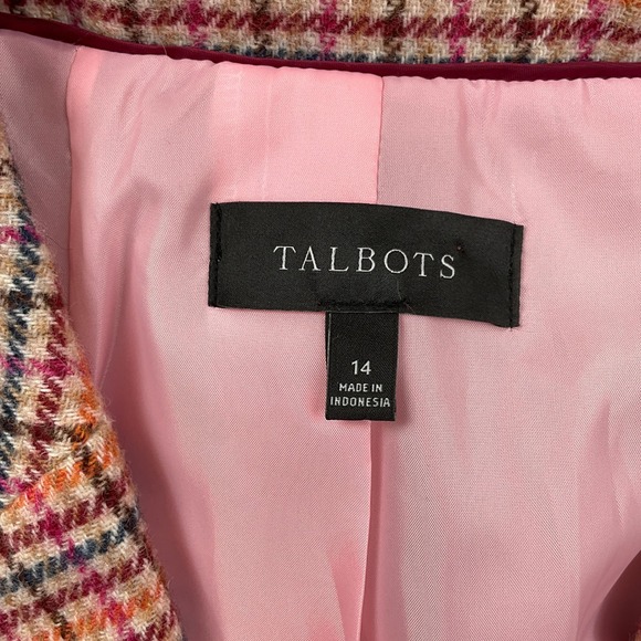 Talbots Blazer Womens 14 Pink Multi Houndstooth Plaid Gold Shield Wool Jacket - Picture 5 of 11